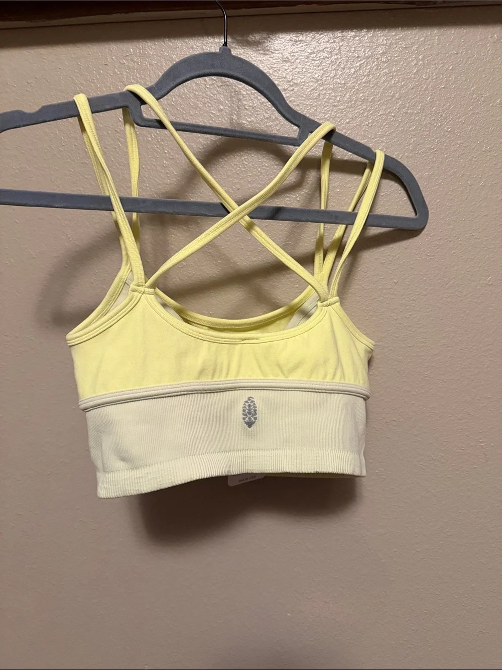 FP Movement by Free People Pale Yellow Ribbed Cross-Back Bralette